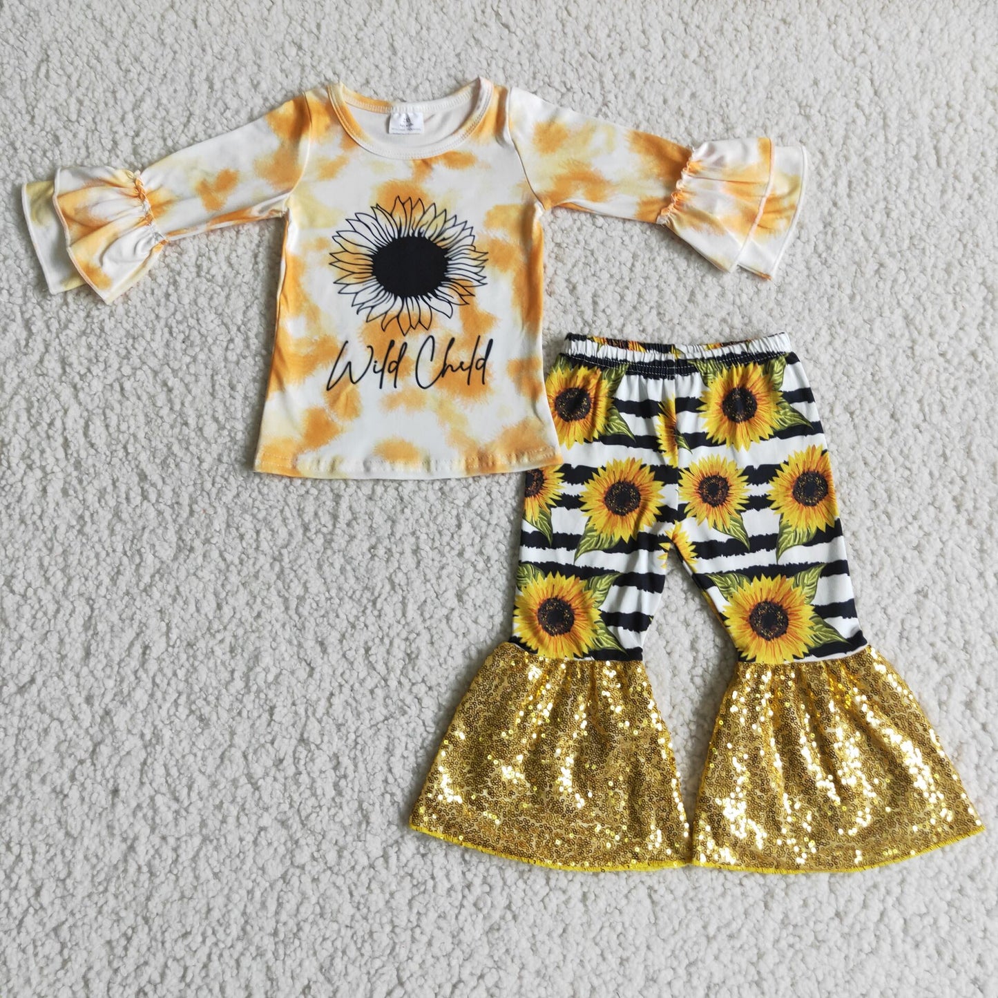 6 A10-13 Sunflower Long Sleeve Top Yellow Sequin Flared Pants Set