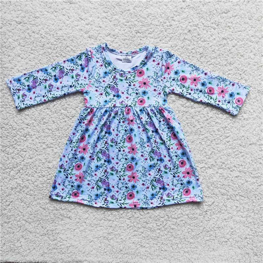 RTS SALES NO MOQ G2-16-7;'; Purple, pink, blue, green leaves, light blue three-quarter sleeves dress