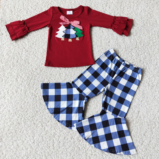 6 C6-40 Bowknot Embroidered Christmas Tree Long Sleeve Plaid Pants Set