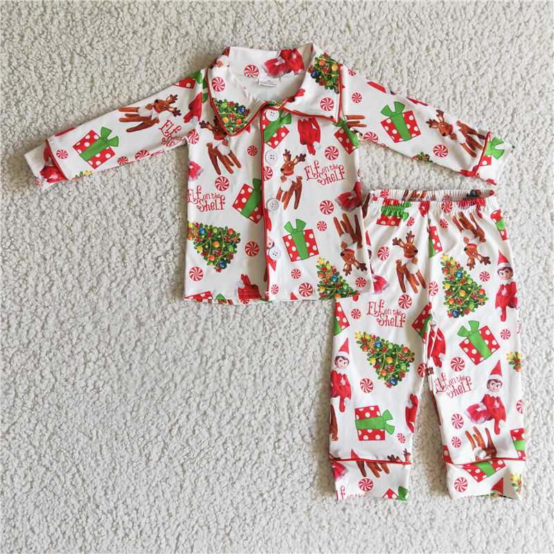 RTS NO MOQ 6 B4-39 6 C8-38 6 A22-14 Red Elk Christmas Tree Pattern Button Cardigan Long Sleeve Set