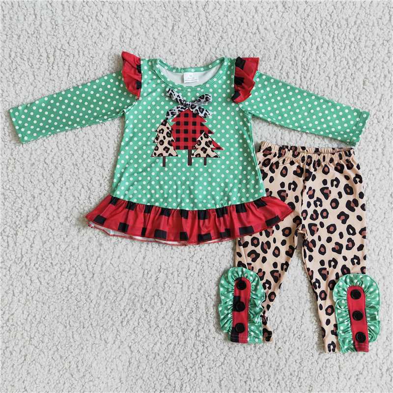 RTS NO MOQ（In Stock ) 6 B8-17 Plaid Leopard Christmas Tree Polka Dot Green Long Sleeve Suit