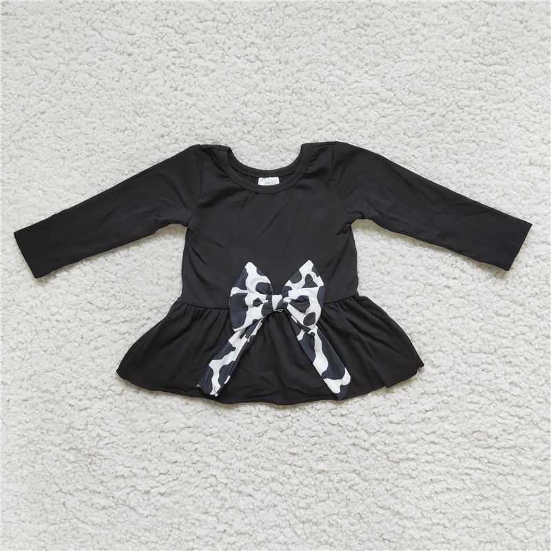 RTS SALES NO MOQ G2-16-5;[ Black long-sleeved top with cow-patterned bow