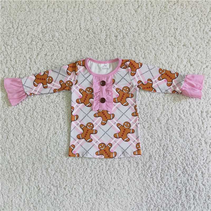 RTS SALES NO MOQ G2-16-2.. Brown gingerbread pink lace long-sleeved top