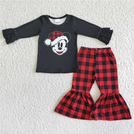 6 A4-11 Mickey Black Long Sleeve Red Plaid Flared Pants Set