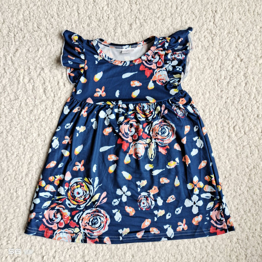 Orange and blue oil painting flower dark blue flying sleeve dress 橘蓝油画花深蓝色飞袖裙