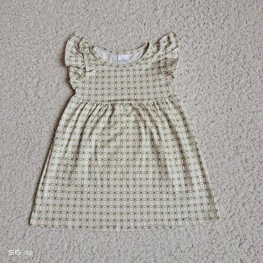 Green circular pattern beige flying sleeve dress 绿色圆形花纹米白色飞袖裙