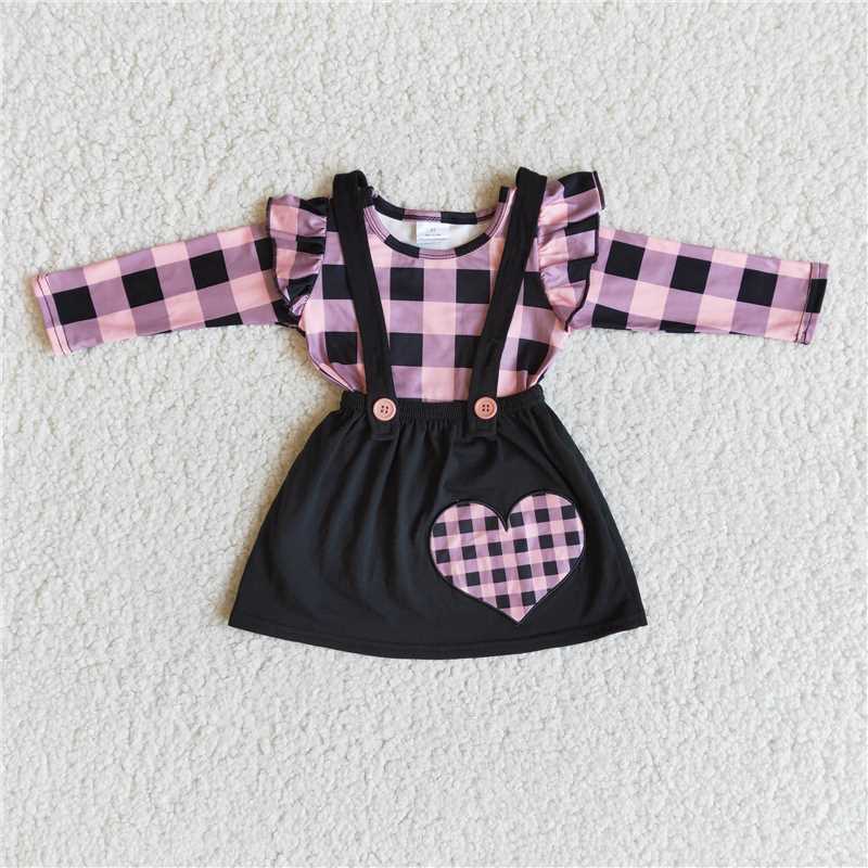 6 A28-30 Small flying sleeve plaid top with embroidered heart and black suspender skirt