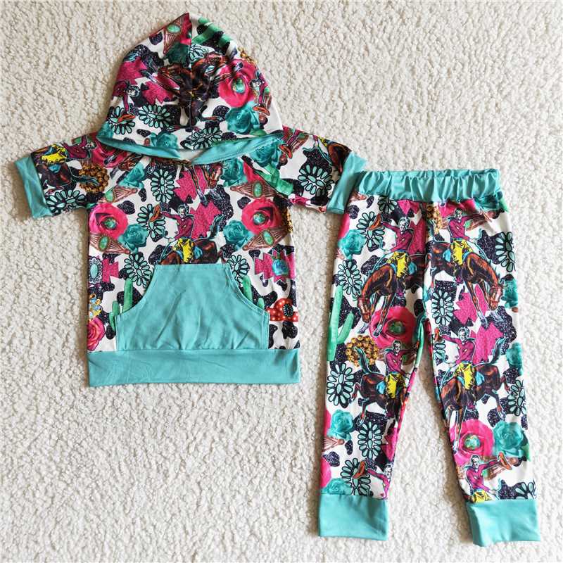 rts no moq B18-1 Blue Pocket Hooded Floral Trouser Set