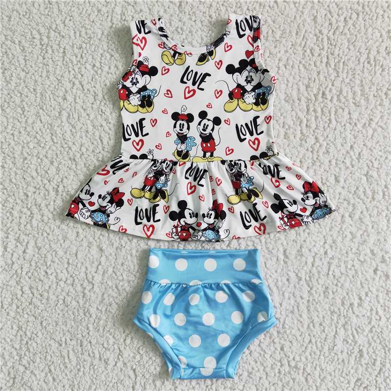 GBO0011 Girls Sleeveless Mickey Mouse Blue and White Polka Dot Briefs Set