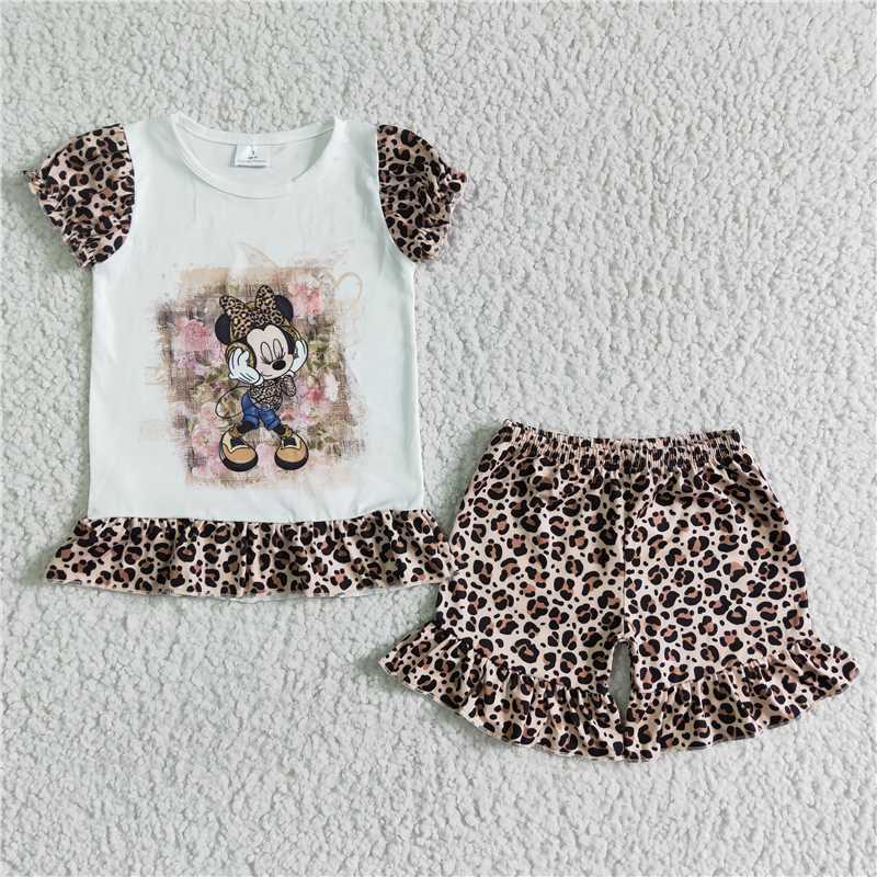 GSSO0079 Girls Leopard Print Mickey Short Sleeve Lace Shorts Set