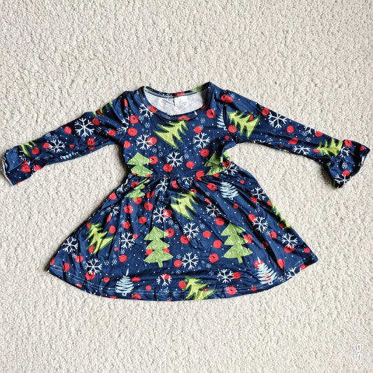 RTS NO MOQ SALES G3-8-7*.; Pine snowflake cherry black and blue long-sleeved dress