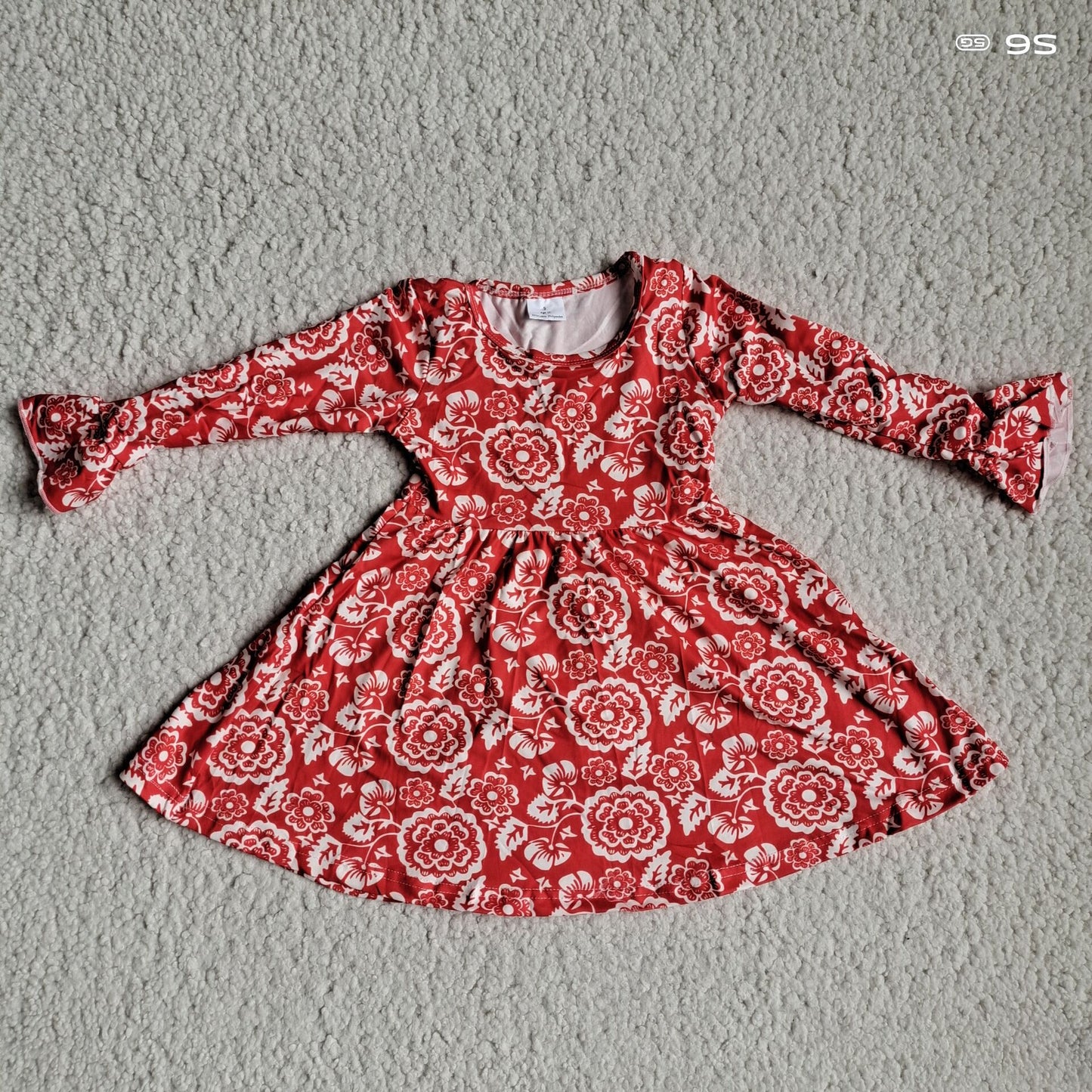 RTS NO MOQ SALES G3-8-7..' White pattern bright red trumpet long sleeve dress