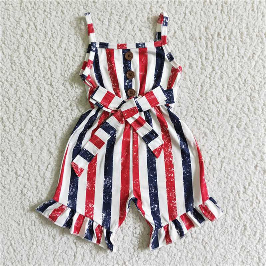 SR0032 Girls' Red and Blue Striped Belted Button Bodysuit