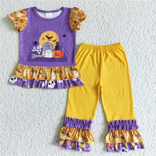 RTS NO MOQ  GSPO0137Girls Halloween Pumpkin Ghost Purple Short Sleeve Long Pants Set