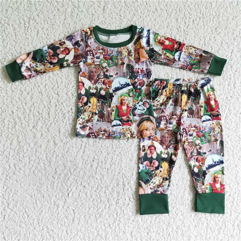 RTS NO MOQ GLP0141 BLP0051 Girls Pattern Green Long Sleeve Set: Boys & Girls