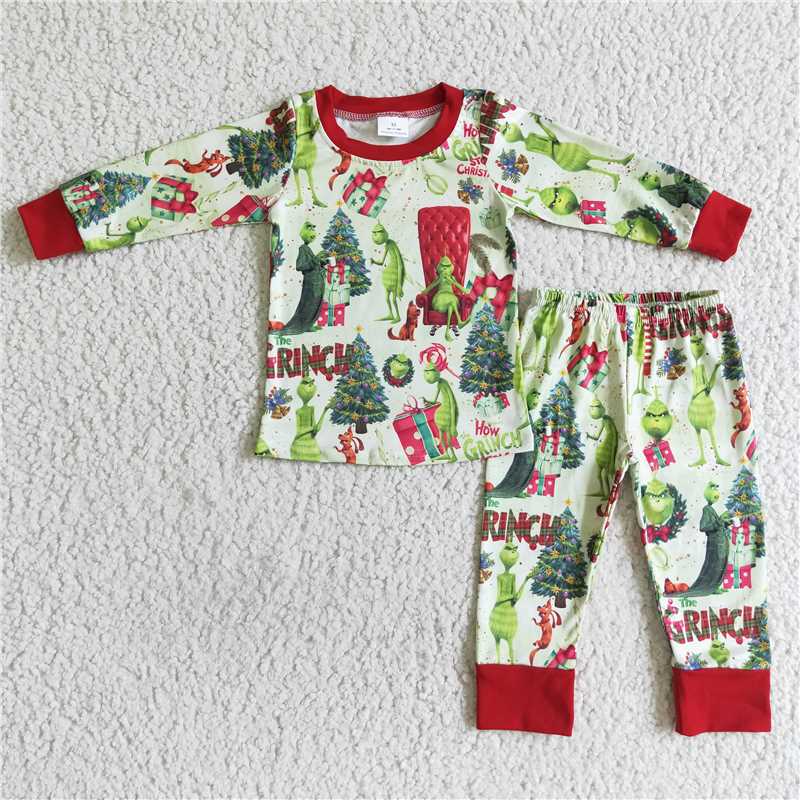 RTS NO MOQ Baby kids red and green Christmas green furry monster print long sleeve long pants pajama set