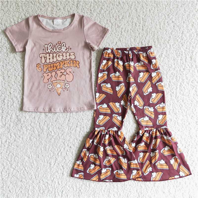 RTS NO MOQ GSPO0699 GSPO0185 Girls Thanksgiving PIES Cake Short Sleeve Long Pants Set