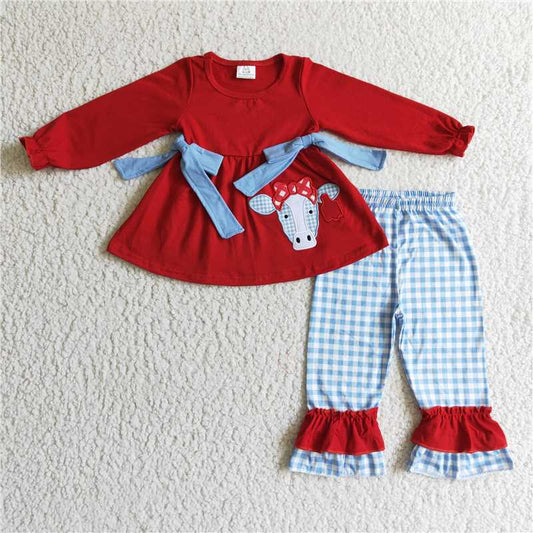 RTS NO MOQ GLP0068 Girls' red long-sleeved plaid trousers with embroidered bull head