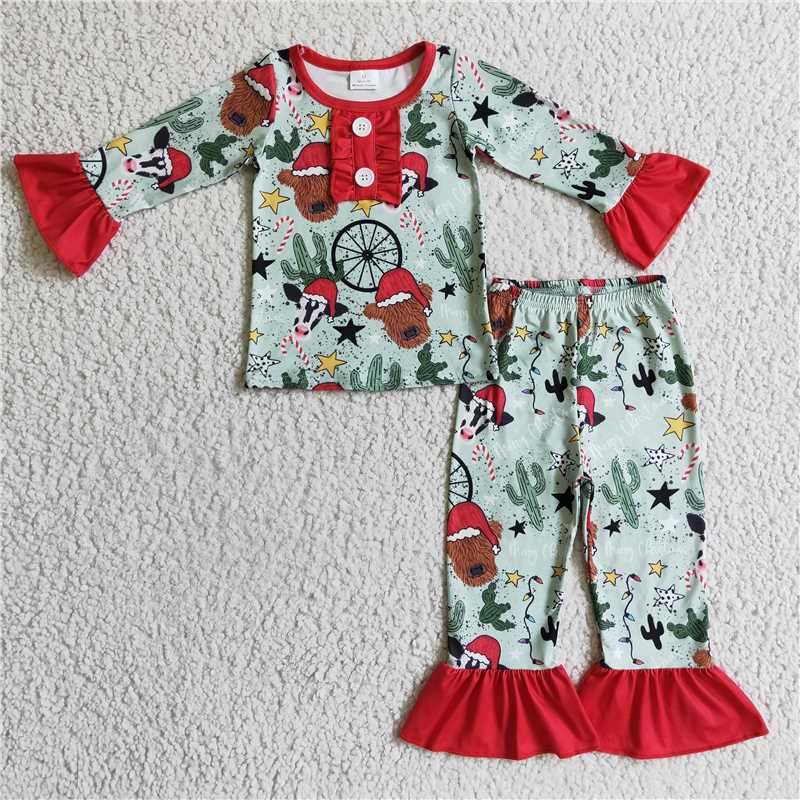 RTS NO MOQ BLP0131 GLP0320 Christmas Animals - Cactus Pattern Boys and Girls Light Red and Green Long Sleeve Outfit