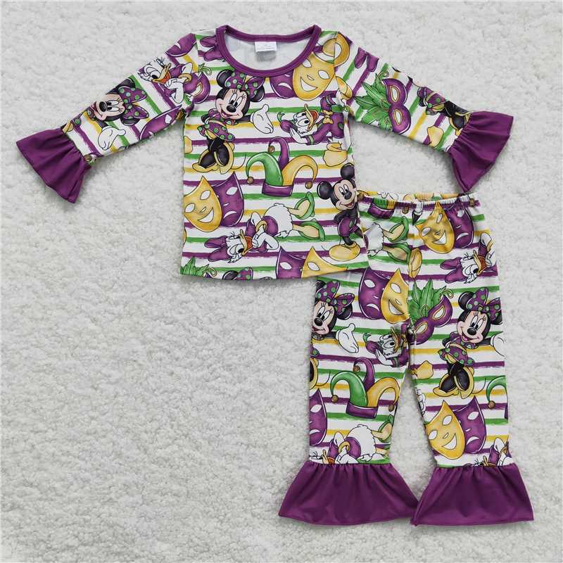 RTS NO MOQ BLP0139+GLP0344 Baby Girls and Boys Clown-Mask Purple Striped Long Sleeve Pants Set