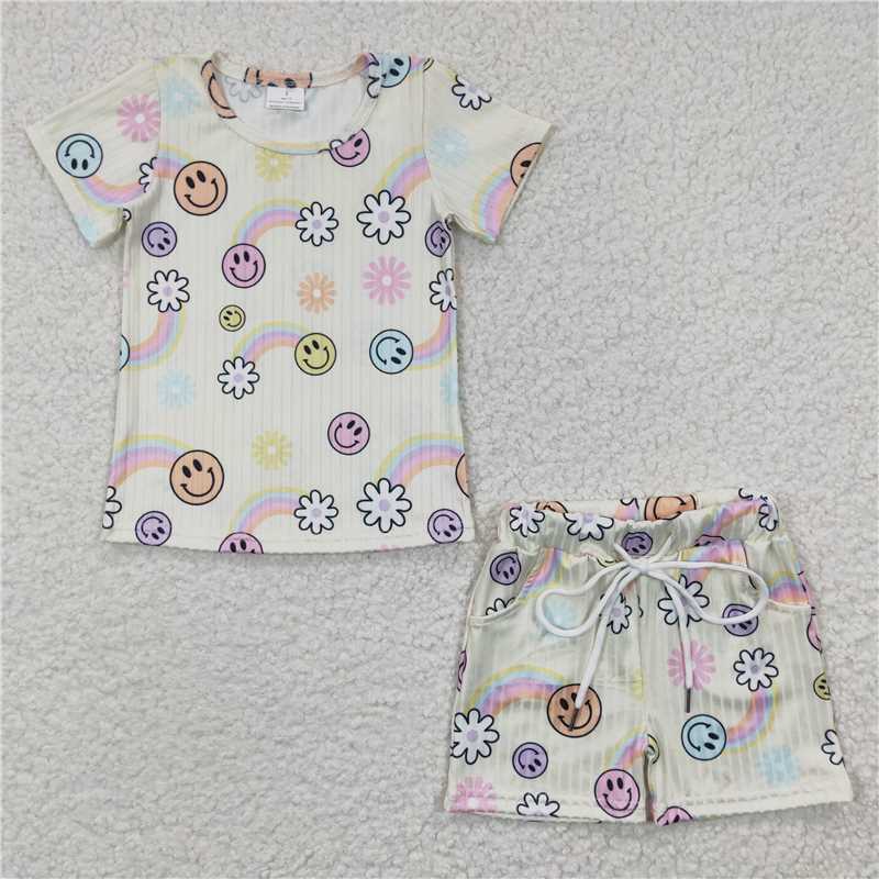 RTS summer pajamas  GSSO0229  Girls Smiley Rainbow White Short Sleeve Shorts Set rib fabric