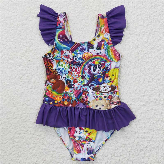 S0041 Girls LISA FRANK Purple One Piece Swimsuit