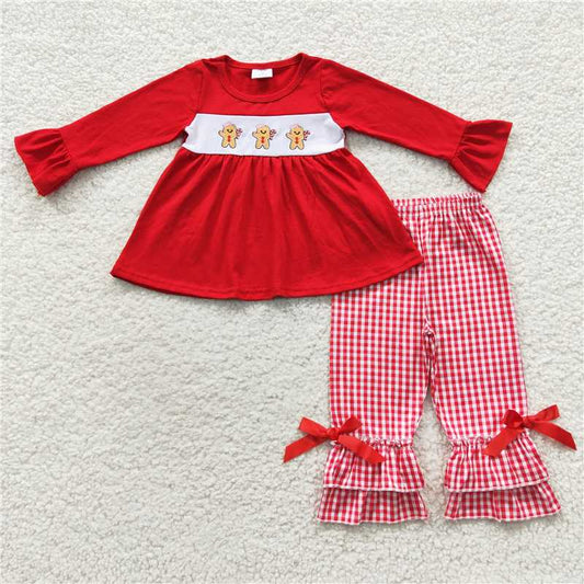 GLP0506 Embroidered Gingerbread Man Red Plaid Bow Knot Lace Long Sleeve Trousers Set