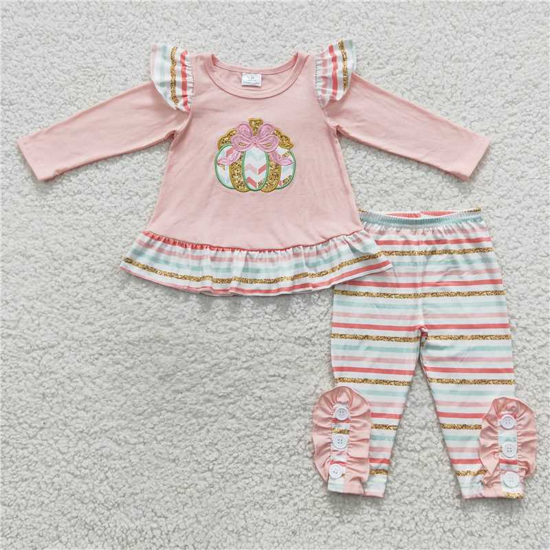 RTS NO MOQ  GLP0513 Pink long-sleeved trousers suit with embroidered bow and golden pumpkin stripes