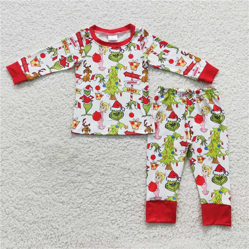 RTS NO MOQ Cartoon Green Monster-Christmas Tree Pattern Red Long Sleeve Suit & Climbing Suit & Long Sleeve Dress