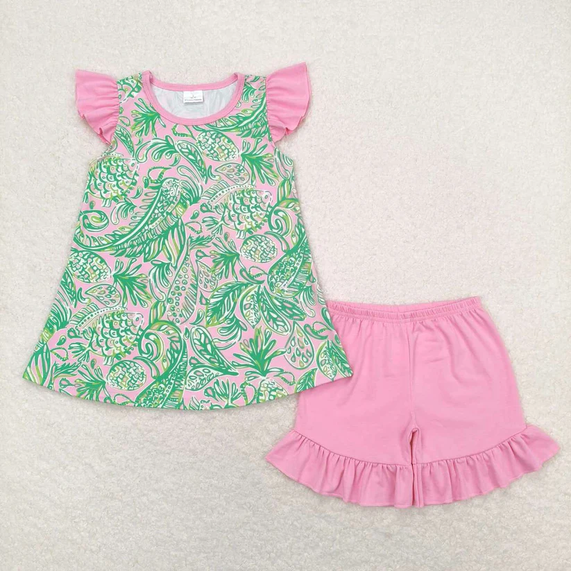 RTS NO MOQ Baby Girl Summer Pattern Short Sleeve Shorts Sets