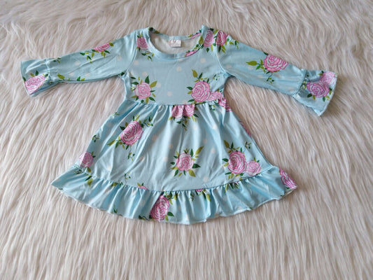 RTS NO MOQ SALES  G1-3-1 Flower blue long-sleeved dress