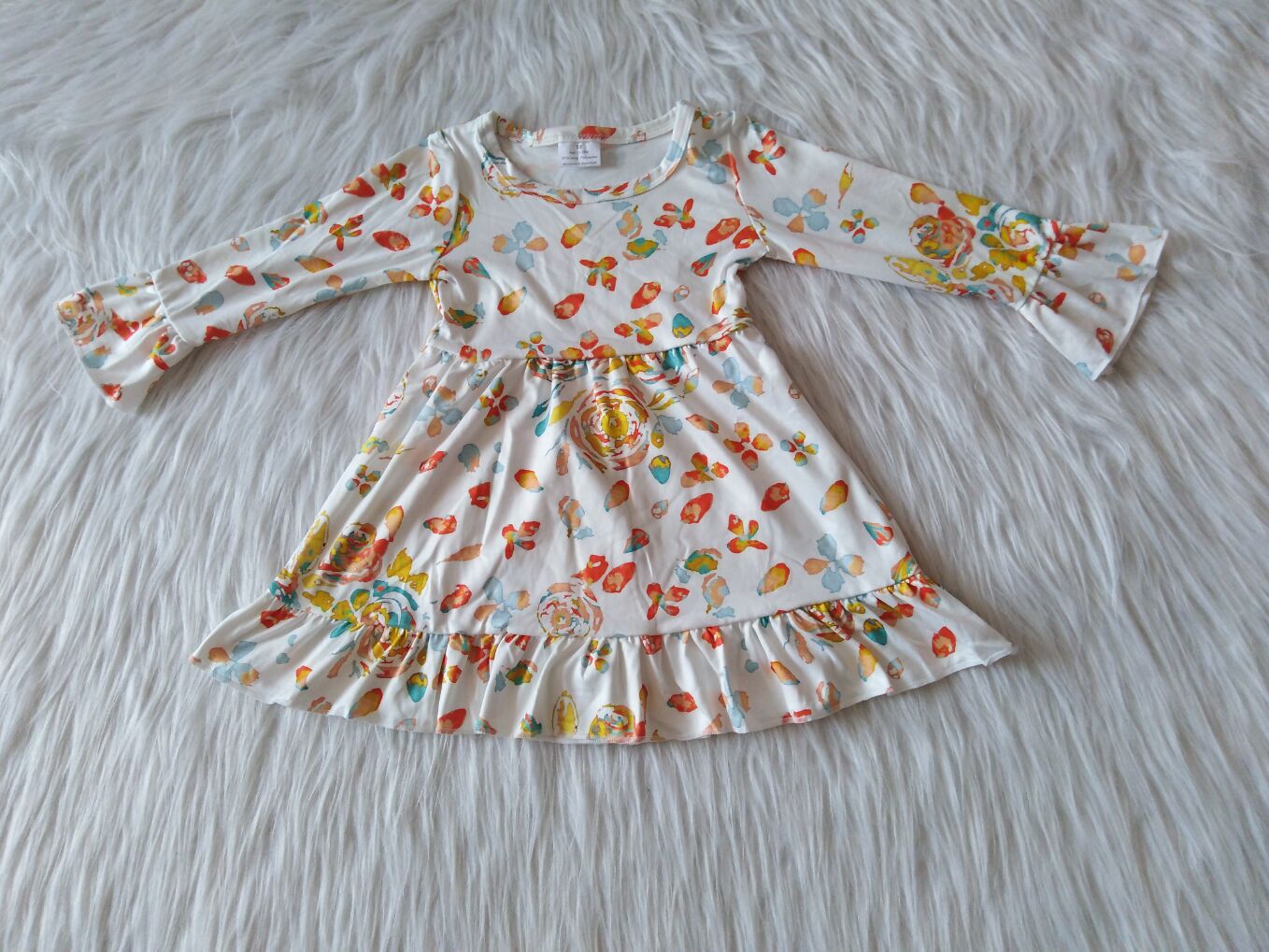 RTS NO MOQ SALES  G1-3-1` Yellow flower off-white long-sleeved dress