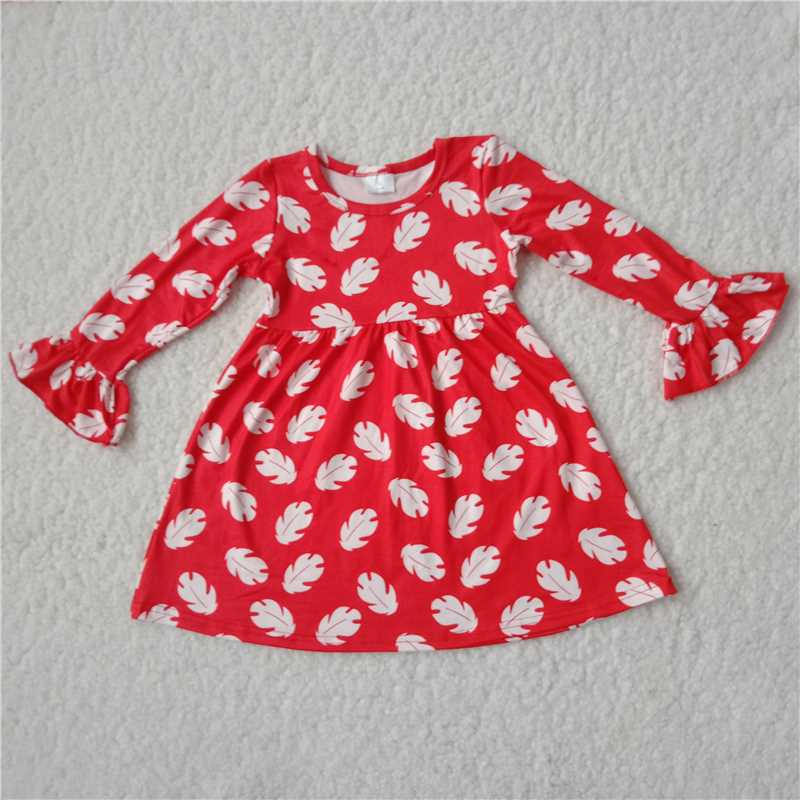 RTS NO MOQ SALES  G2-16-8'; White leaves and red long-sleeved dress