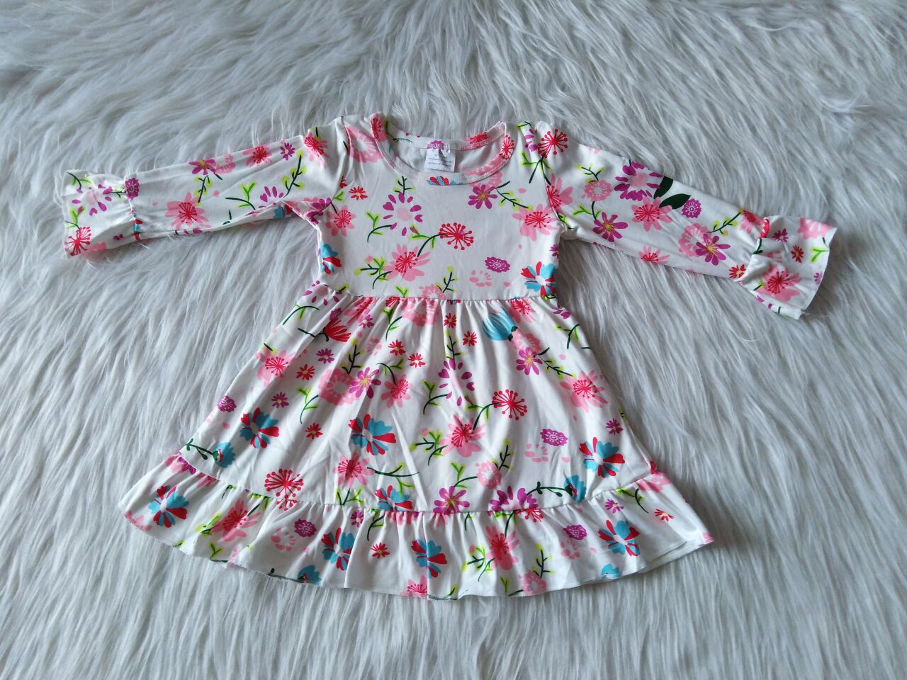 RTS NO MOQ SALES  G1-3-5.- Colorful floral white long-sleeved dress