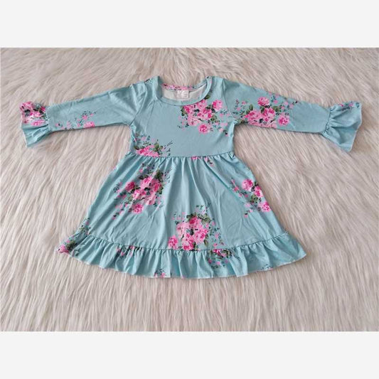 RTS NO MOQ SALES  G1-3-3* Pink flower light blue long-sleeved dress