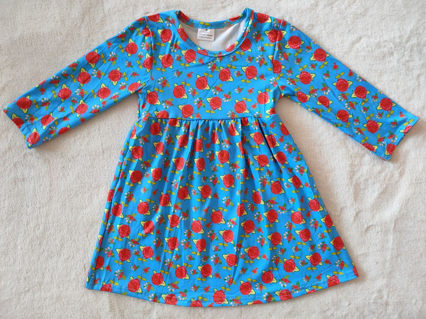 RTS NO MOQ SALES  G2-16-7*.* Red flower blue long-sleeved dress