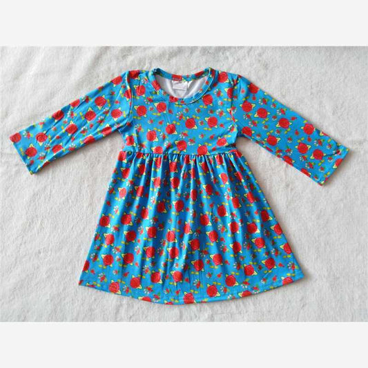 RTS NO MOQ SALES  G2-16-4\ Red flower blue long-sleeved dress