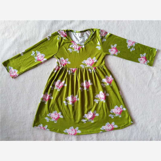 RTS NO MOQ SALES  G2-16-9** Pink flower long-sleeved dress