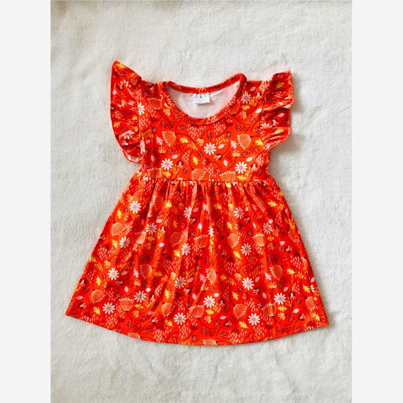 RTS SALES NO MOQ G2-15-1*. White daisy orange flying sleeves dress