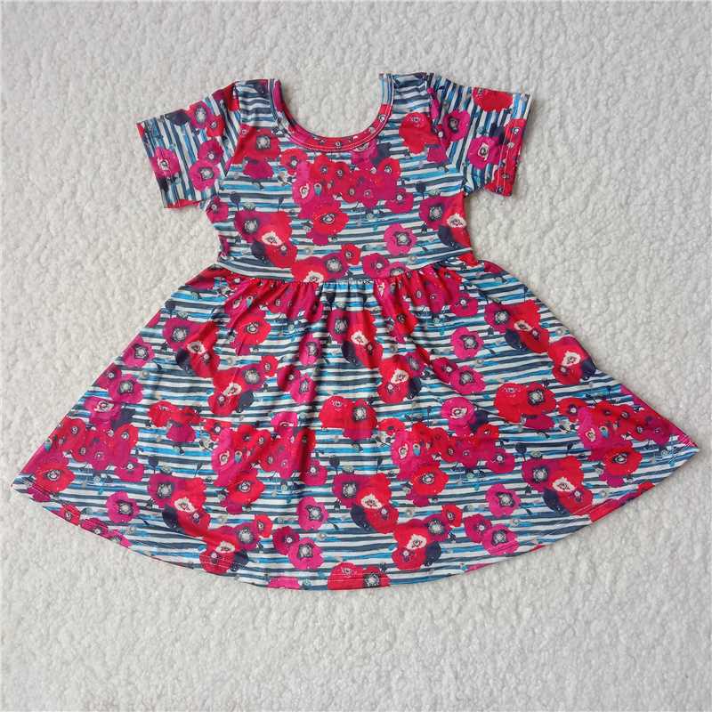 RTS SALES NO MOQ G2-15-1' Big red flower and blue striped short-sleeved dress