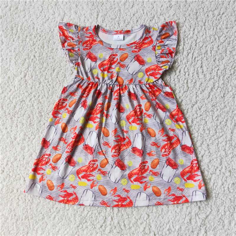 RTS SALES NO MOQ G3-2[ Lemon lobster grey line flying sleeves dress