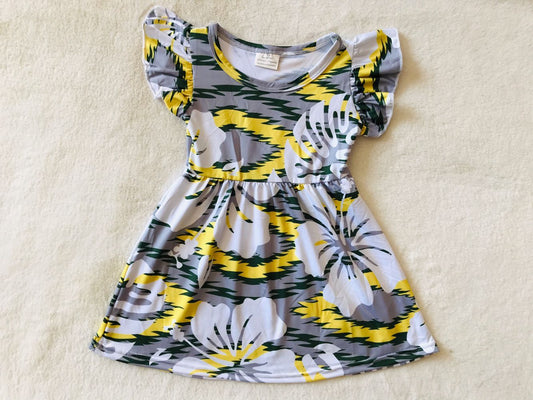 RTS SALES NO MOQ G3-11-2. Gray flower and yellow diamond-shaped flying sleeves dress