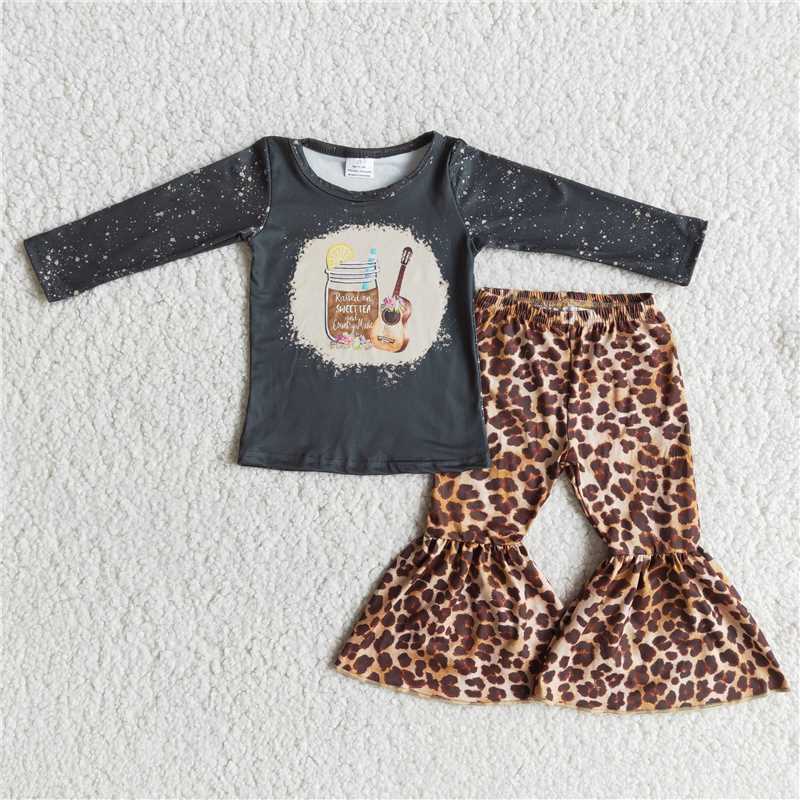 RTS NO MOQ 6 A11-14 6 B13-18 Guitar and Cup Pattern Long Sleeve Top & Leopard Print Flared Pants Set