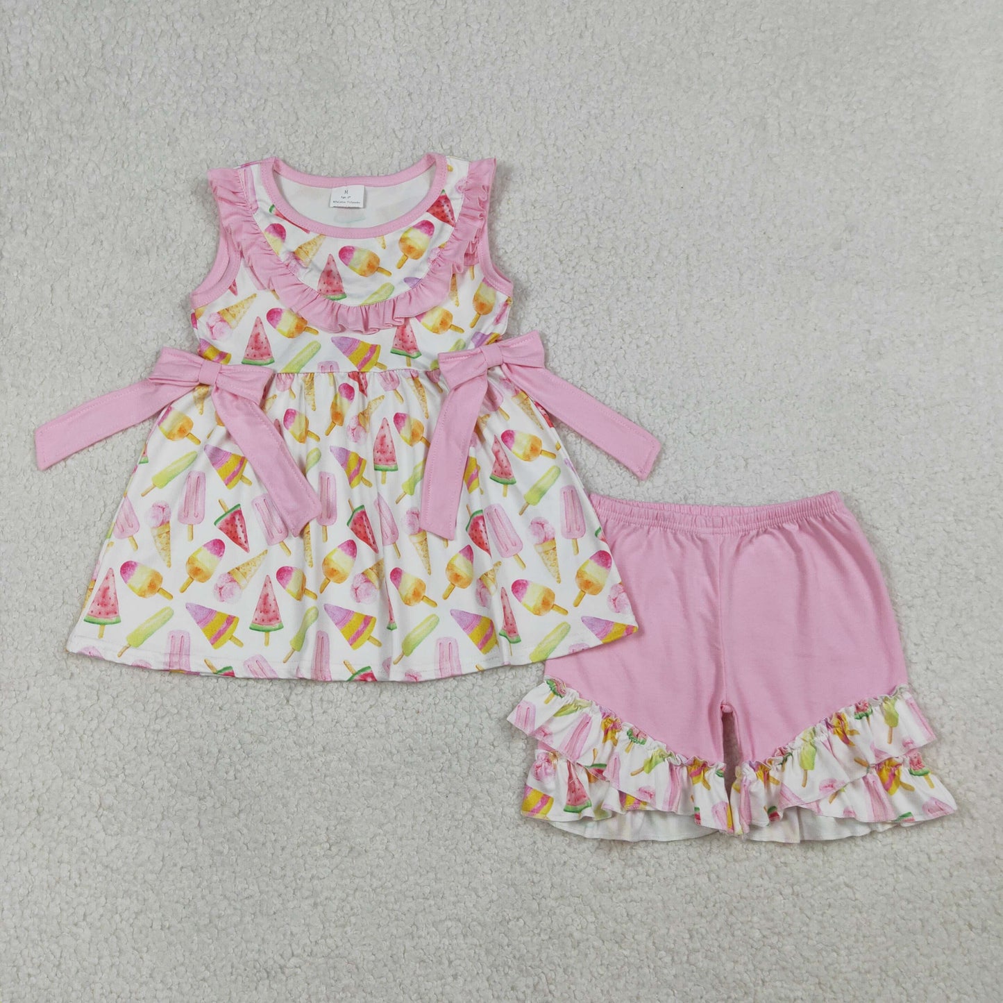 RTS NO MOQ（In Stock) GSSO3067 Ice Cream Stick Pink Lace Bow White Sleeveless Shorts Set