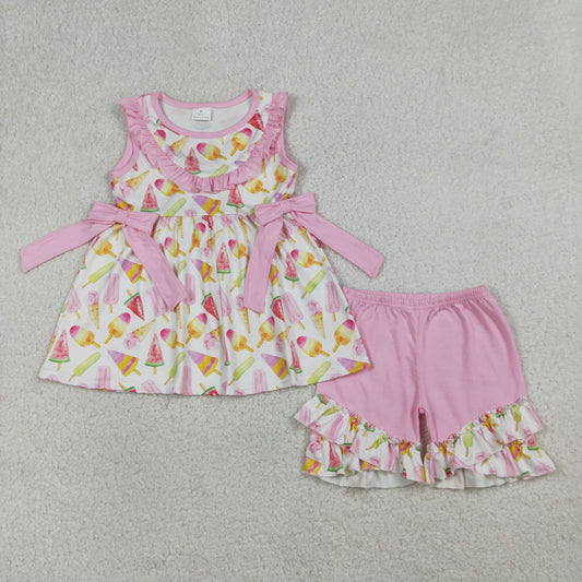 RTS NO MOQ（In Stock) GSSO3067 Ice Cream Stick Pink Lace Bow White Sleeveless Shorts Set