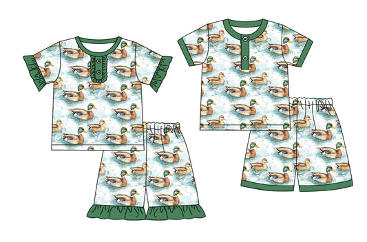 1.3 custom each style moq 5eta 4-6week Sibling Sister duck baby girls short sleeve short sets 1 and sets 2 match design