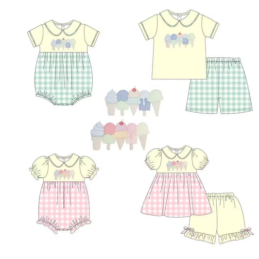 5.10custom each style moq 5eta 4-5week Sibling Sister ice cream prints blue and pink plaid yellow girls and boys outfits and baby romper match family design