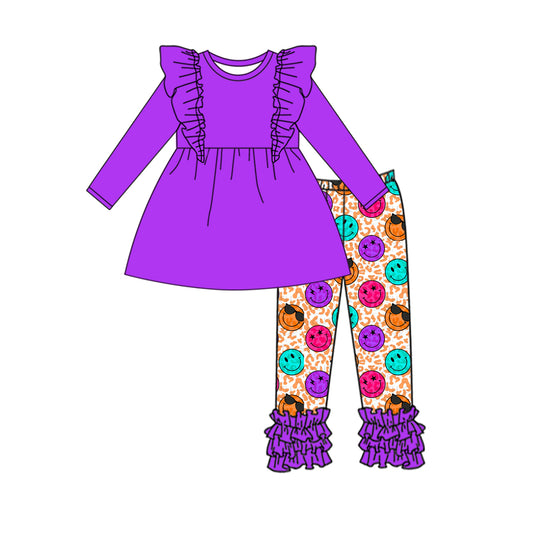 9.24 custom each style moq 5eta 4-6week baby girls clothes smiley purple long sleeve pants sets