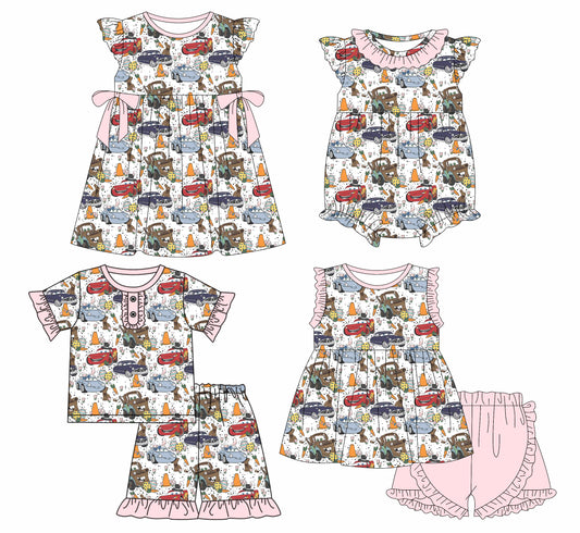 1.11 custom each style moq 5eta 4-6week Sibling Sister cars baby girl short sleeve shorts sets and sets 2 and boy romper and dress match design