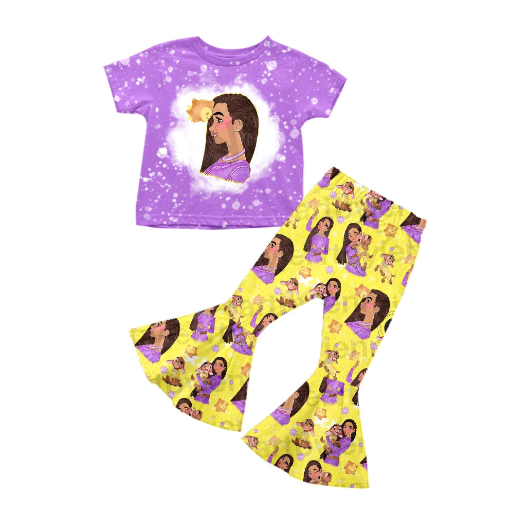 4.27custom moq 5 eta 4-5weeks cartoon avatar prints purple short sleeves with cartoon prints yellow color bell-bottom pants set